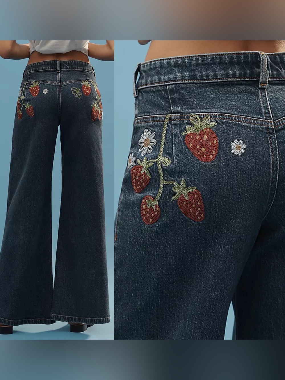 Anthropologie Maeve Strawberry Embroidered High Rise Wide Leg Jean Dark Blue 28 - Picture 1 of 9